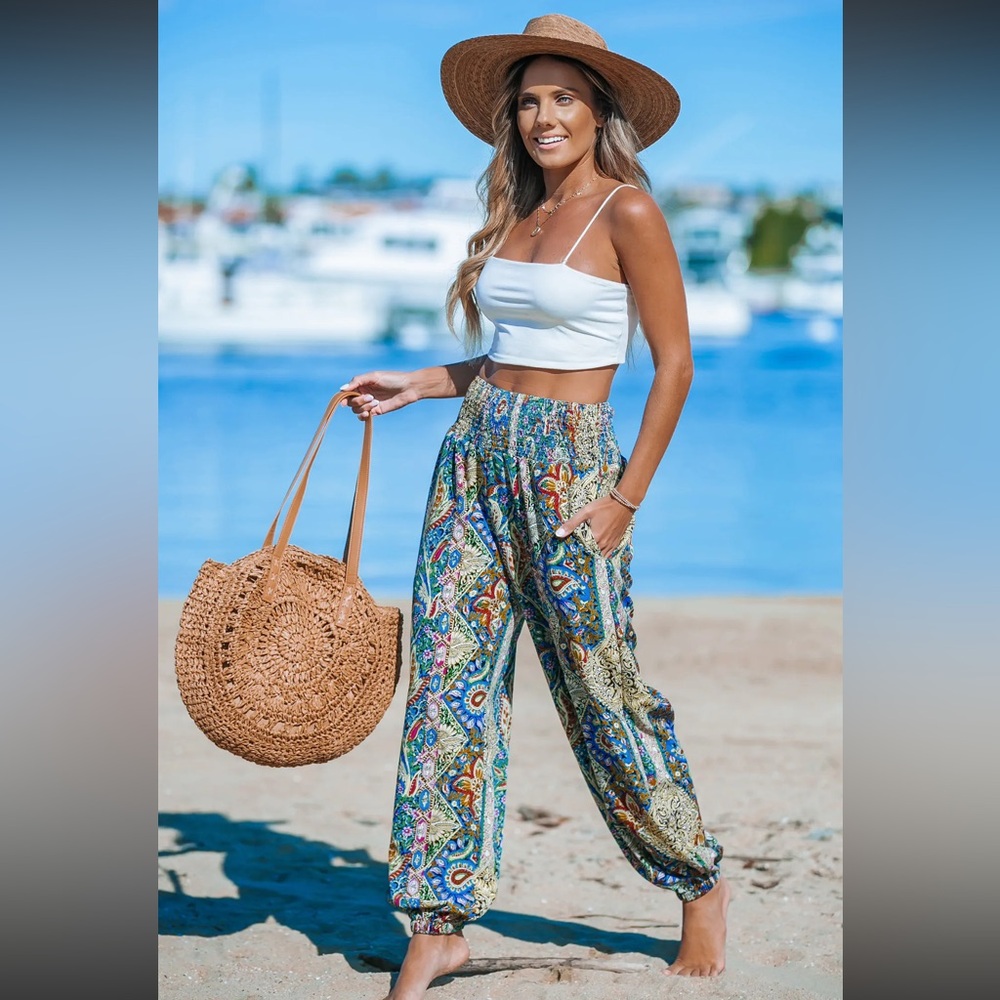 Cupshe Paisley Smocked Waist Tapered Leg Cover-Up Pants - Picture 4 of 10